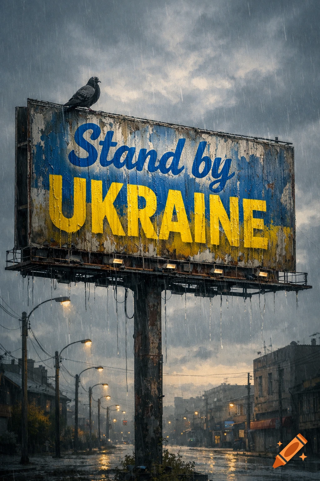 A pigeon sits atop a weathered billboard on a rainy city street, displaying "Stand by UKRAINE" in blue and yellow.