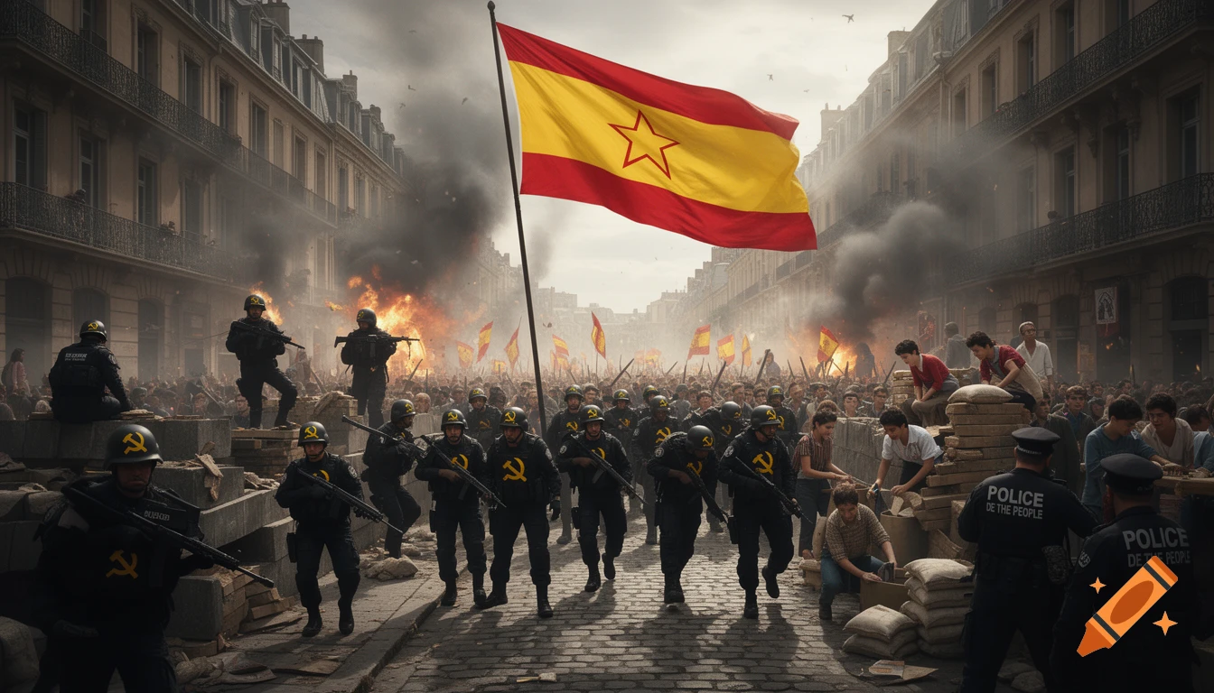 A revolutionary Spanish army battle in a city, with soldiers in black uniforms and yellow hammer and sickle symbols. Police and civilians build barricades as a Republican flag flies above, with explosions and smoke in the background. Photorealistic art.