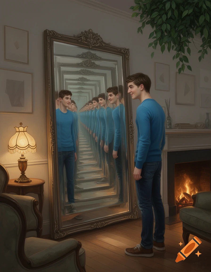 A man in a blue sweater stands in a room, looking into a large mirror that creates an infinite reflection of himself.