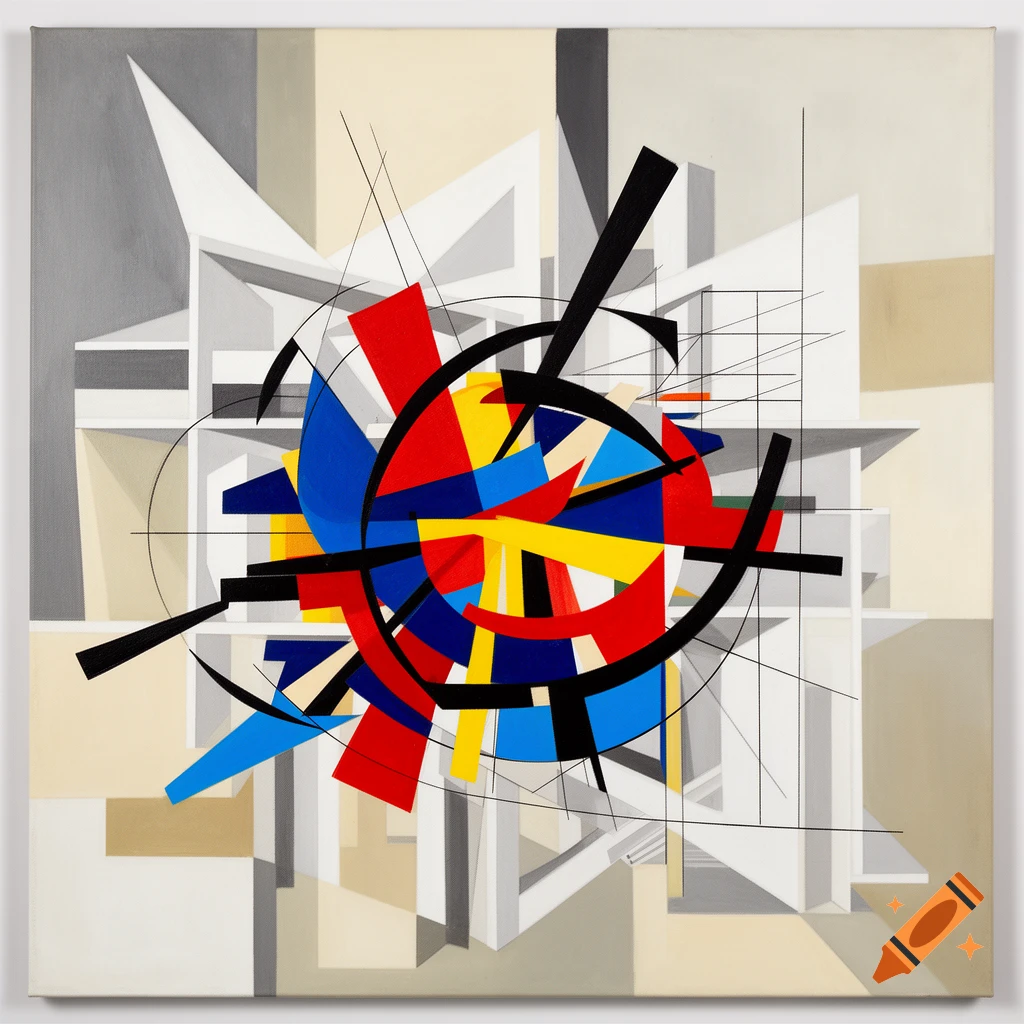 A geometric abstract painting featuring a central colorful explosion of red, blue, and yellow shapes, framed by architectural white and gray structures.