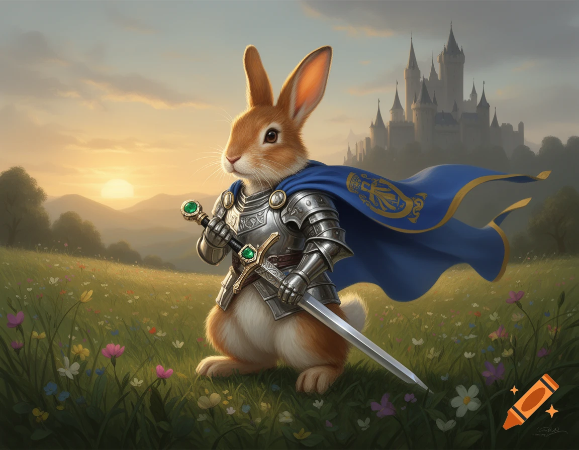 A detailed illustration of a rabbit knight in shining armor and a blue cape, holding a sword in a flower-filled field with a castle at sunrise.