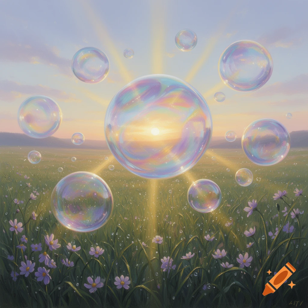 A serene landscape with a grassy field, small purple flowers, and numerous iridescent bubbles floating, illuminated by a bright sun.