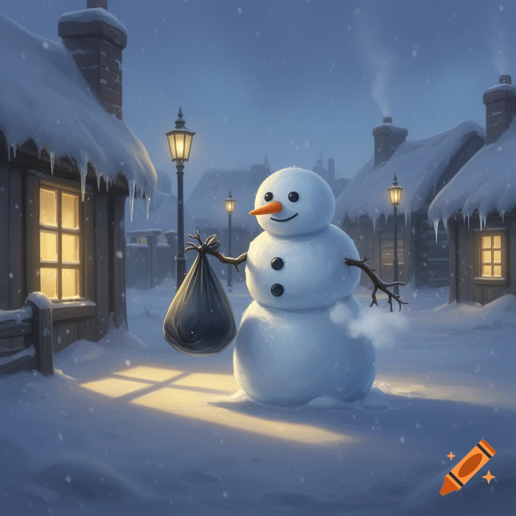 A cheerful snowman holding a black trash bag walks down a snowy village street illuminated by warm light from windows and streetlights at dusk.