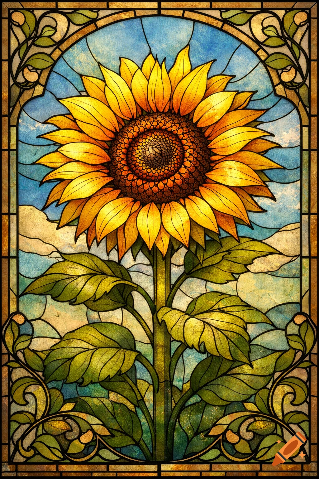Vibrant stained glass art of a large sunflower with golden petals and green leaves, set against a blue and white sky background, framed in an ornate arch.