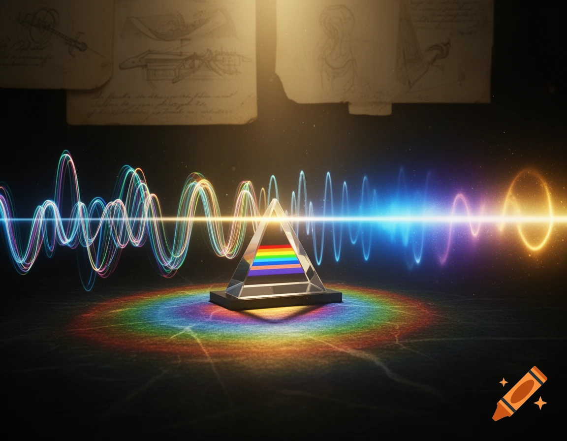 A glass prism splits a bright light beam into a rainbow spectrum, with wavy light patterns and old scientific sketches in the background.