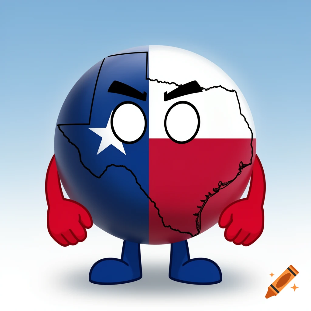 A round "Texasball" character with the Texas flag and state outline on its body, red arms, blue legs, and a brave expression, against a blue background.