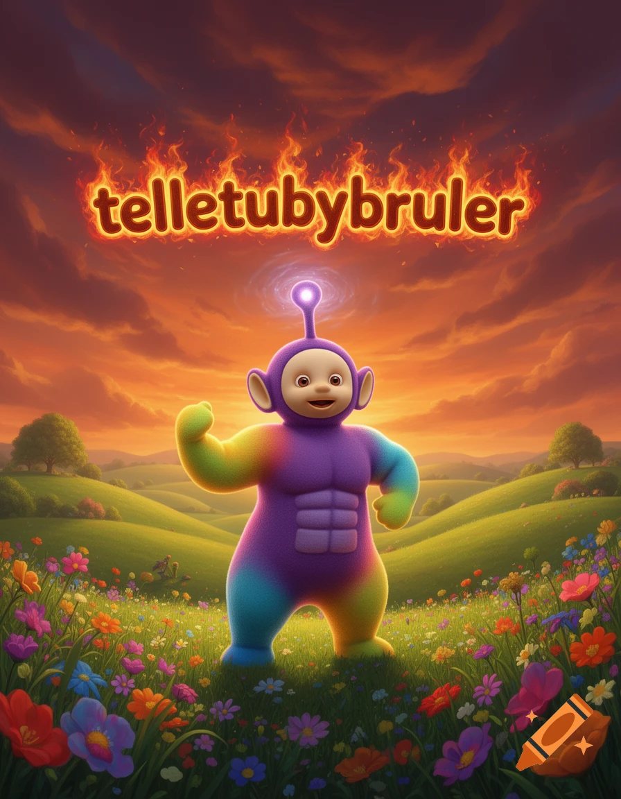 A rainbow-colored Teletubby-like character with a six-pack flexes in a vibrant field of flowers under a fiery sunset. The word 'telletubybruler' glows above.