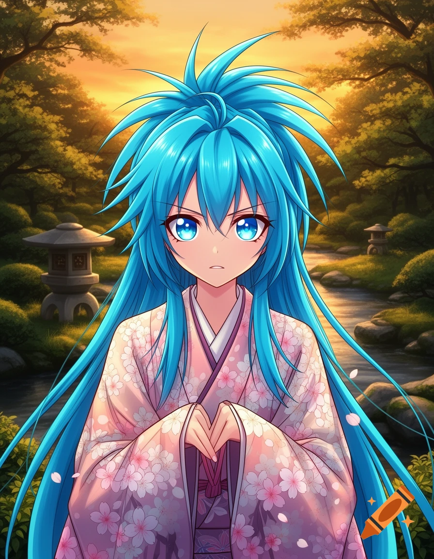 An anime character with spiky blue hair and blue eyes in a pink cherry blossom kimono, standing in a Japanese garden at sunset.