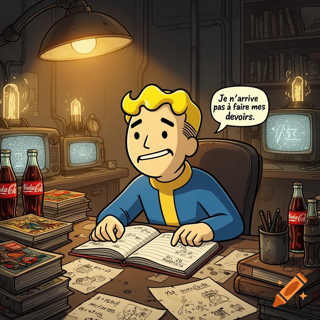 Vault Boy sits at a desk cluttered with books and Nuka-Cola bottles, looking frustrated while trying to do homework in a retro, dimly lit room.