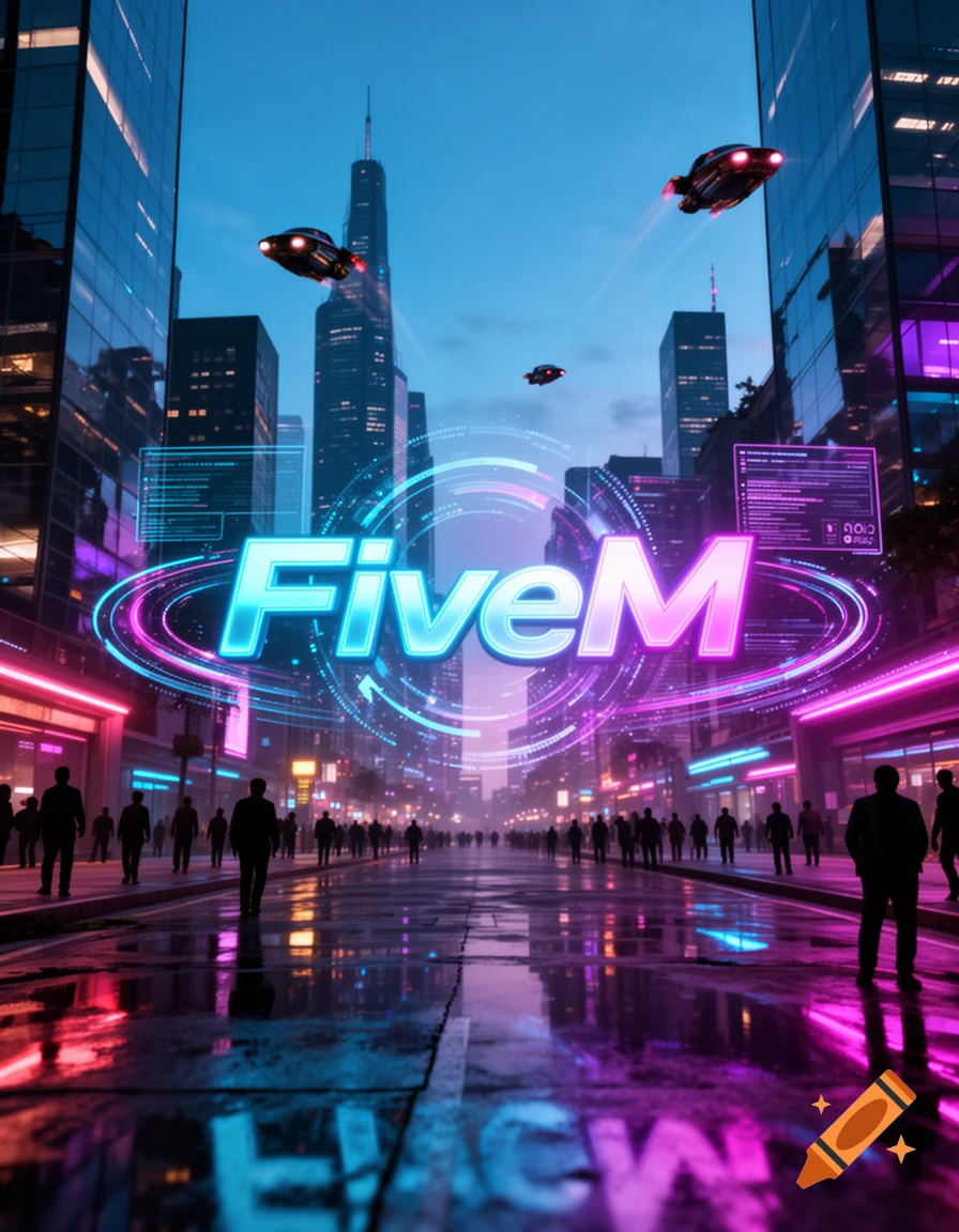 A futuristic cityscape with a glowing 'FiveM' sign, flying cars, and ...