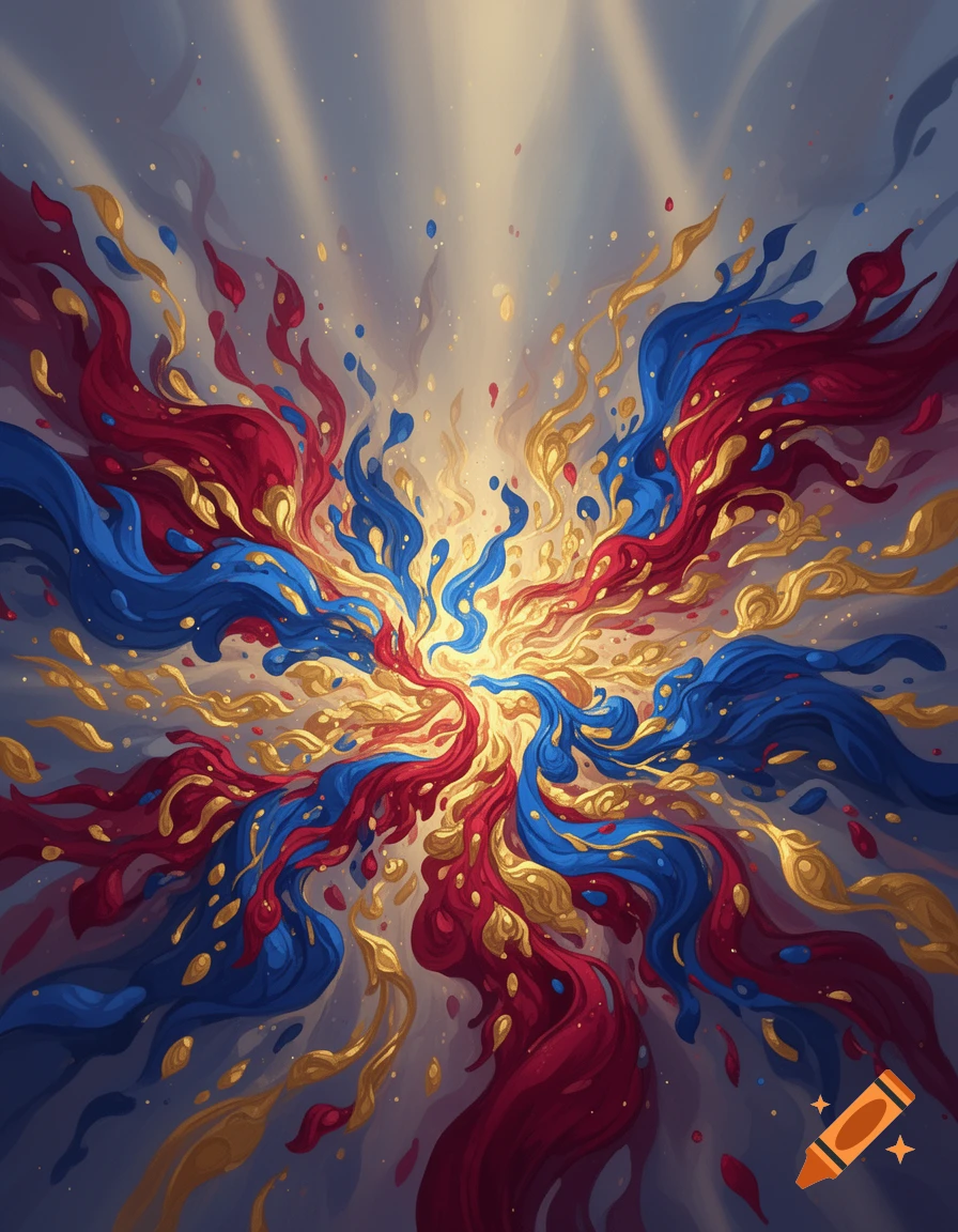 An abstract, vibrant explosion of red, blue, and gold paint swirls radiating from a bright center.