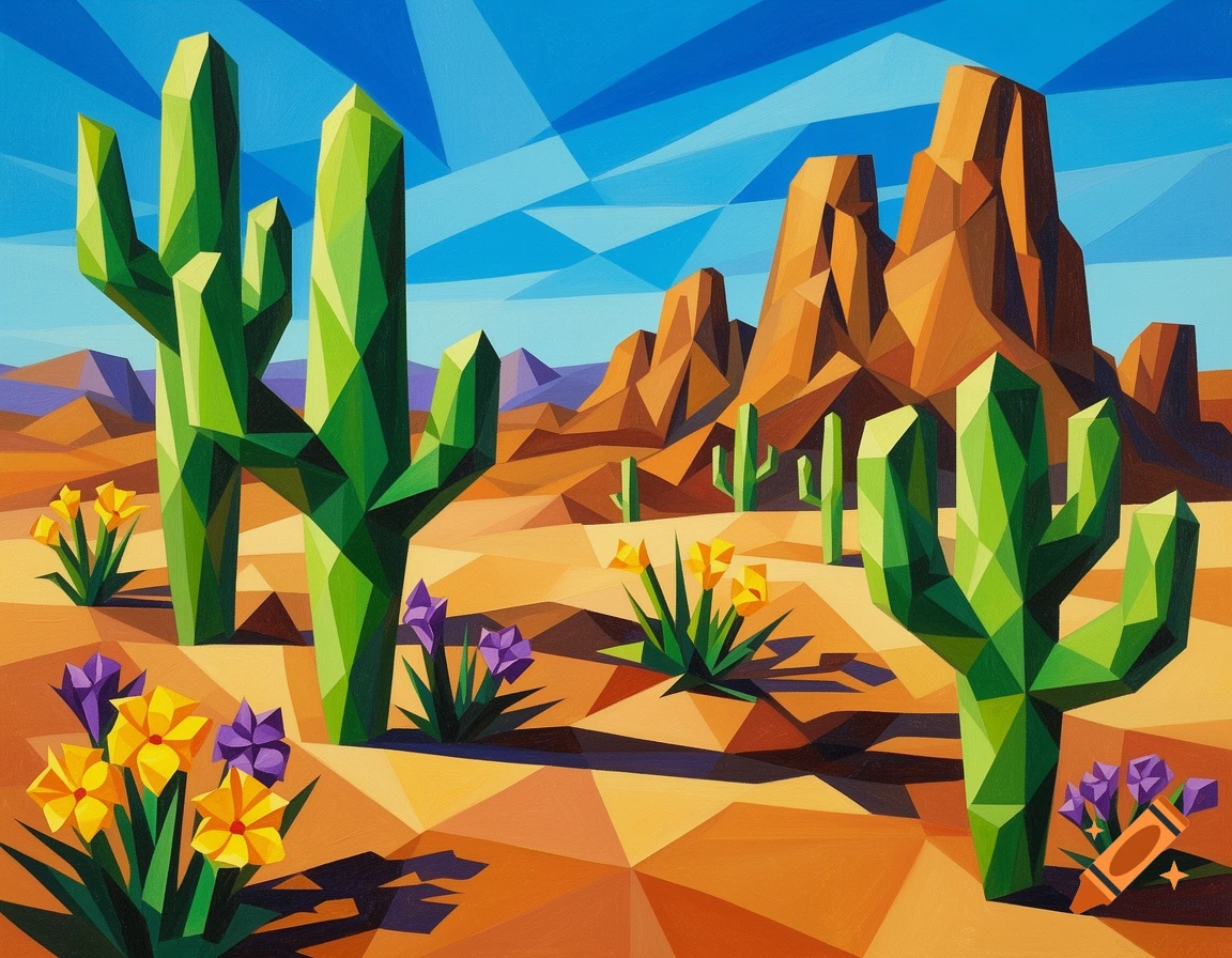 A cubist desert scene with vibrant green cacti, orange mountains, and yellow and purple flowers under a bright blue sky.