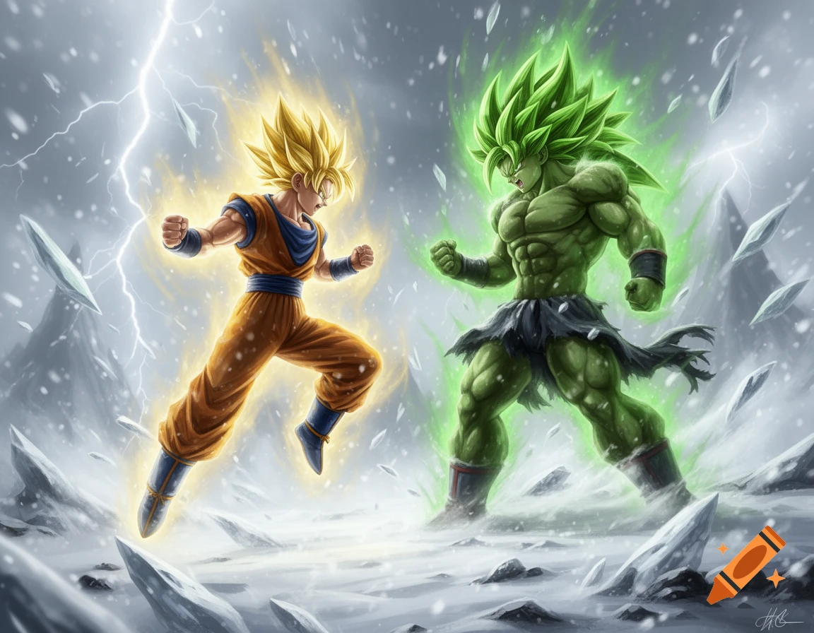 Super Saiyan Goku and Broly clash in an anime-style illustration set in a snowy, lightning-filled storm.