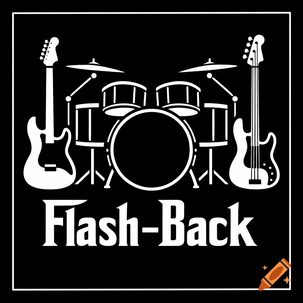 Minimalist black and white logo featuring a drum kit, electric guitar, and bass guitar with the text 'Flash-Back'.