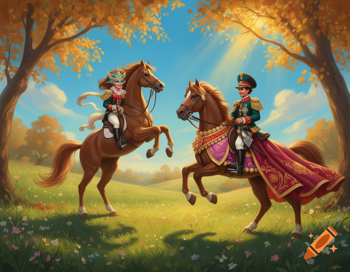 Two figures in elaborate costumes ride horses in a sunny autumn landscape with golden trees.