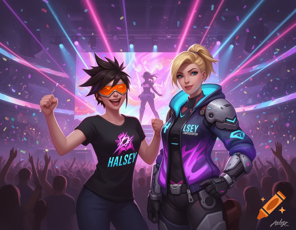 Tracer and Mercy from Overwatch at a vibrant concert, wearing Halsey merch.