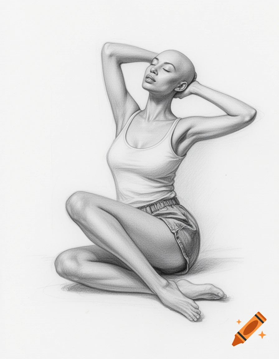 A pencil sketch of a bald woman in a tank top and shorts, sitting cross-legged with arms behind her head and eyes closed.