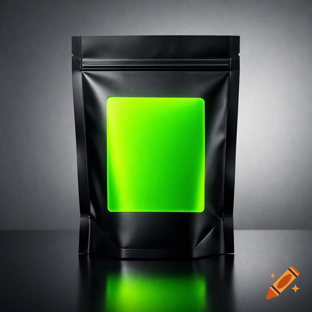 Black stand-up pouch with a bright green, blank rectangular label on the front, reflecting on a dark surface, photorealistic.