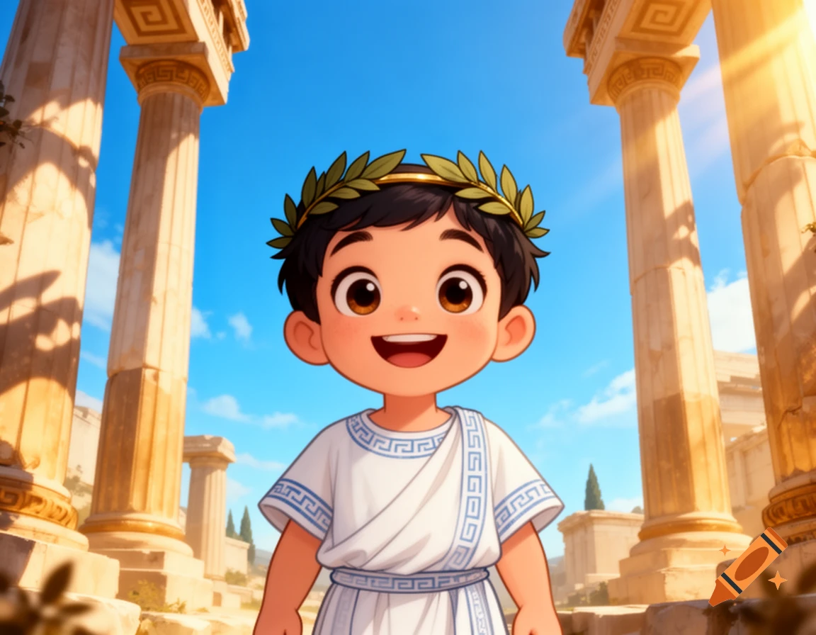 A smiling cartoon child with dark hair and a laurel crown wears a Greek tunic in front of ancient columns under a sunny blue sky.