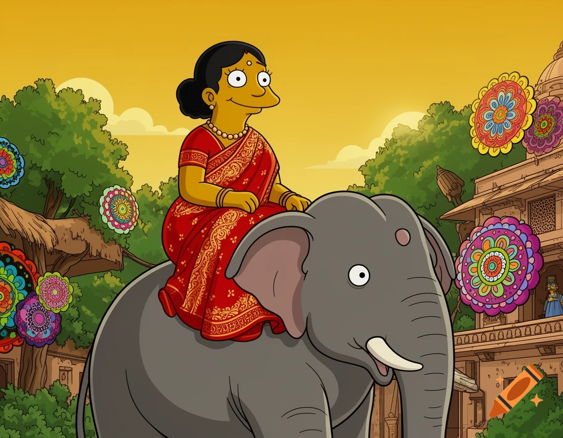 Manjula from The Simpsons, with brown skin, smiling and wearing a red saree, rides a large Indian elephant against a vibrant Indian background in a cartoon style.