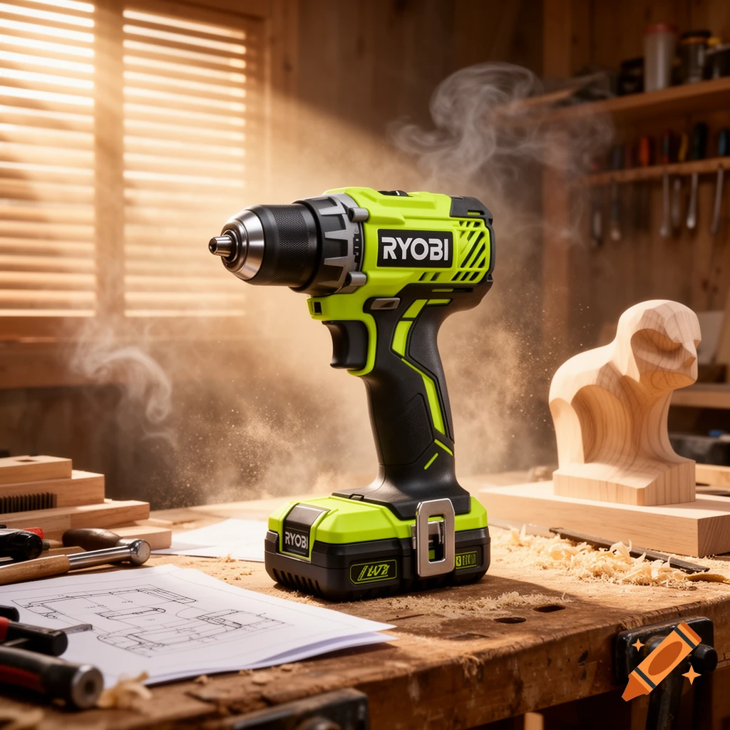 A vibrant green and black Ryobi cordless power drill rests on a dusty wooden workbench in a sunlit workshop, with wood shavings and tools scattered around.