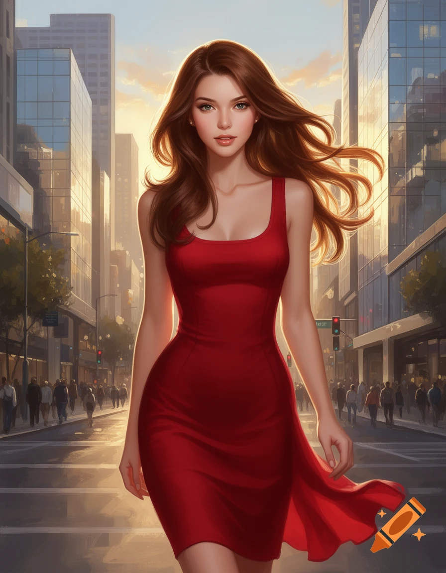 Digital art of a woman with long brown hair in a red dress walking ...