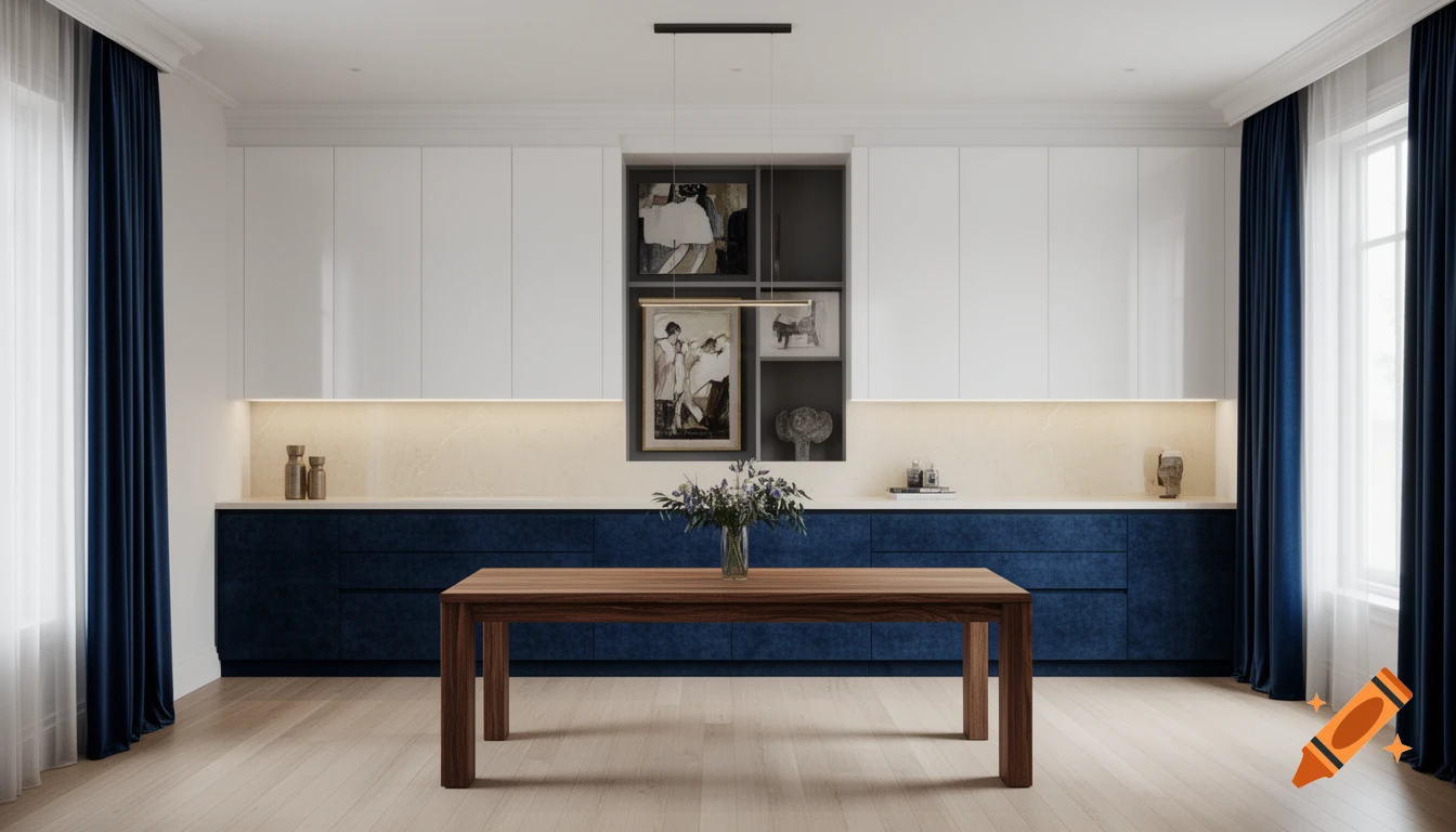 A modern dining room features a wooden table, dark blue lower cabinets, white upper cabinets, and blue velvet drapes.