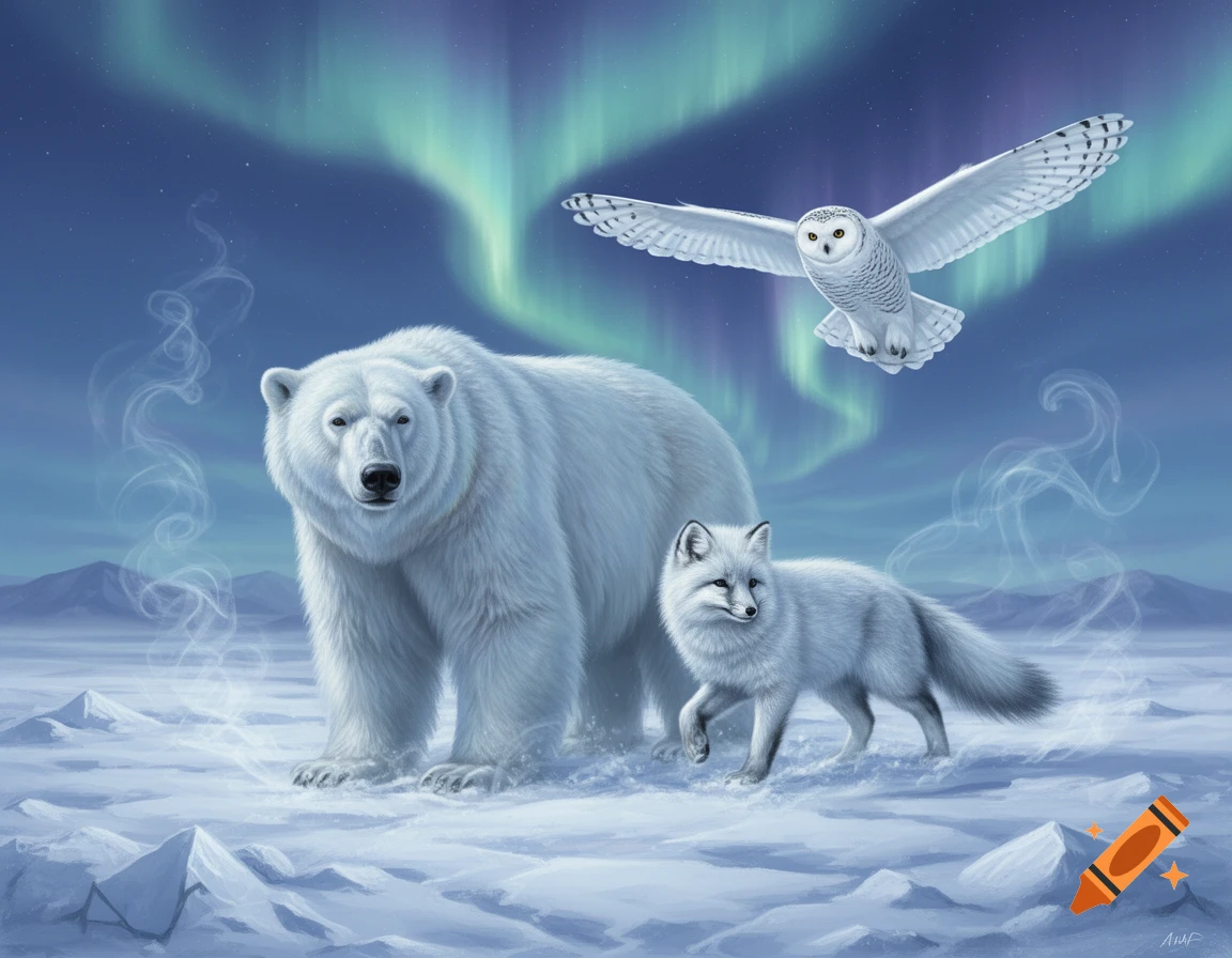 A polar bear, arctic fox, and snowy owl in a snowy arctic landscape with the aurora borealis in the night sky, digital painting.