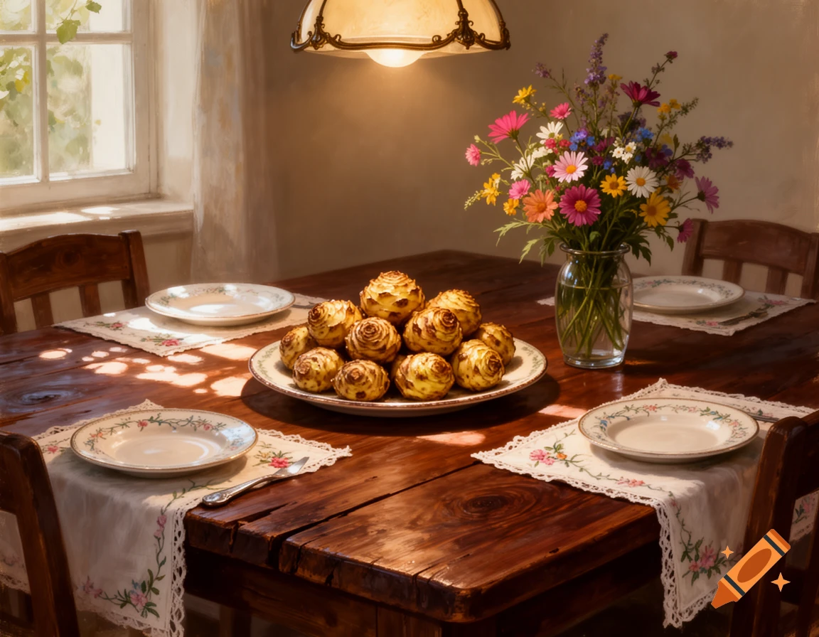 A rustic wooden dining table set with plates, embroidered placemats, a centerpiece plate of roasted artichokes, and a vase of wildflowers, lit by warm window light.