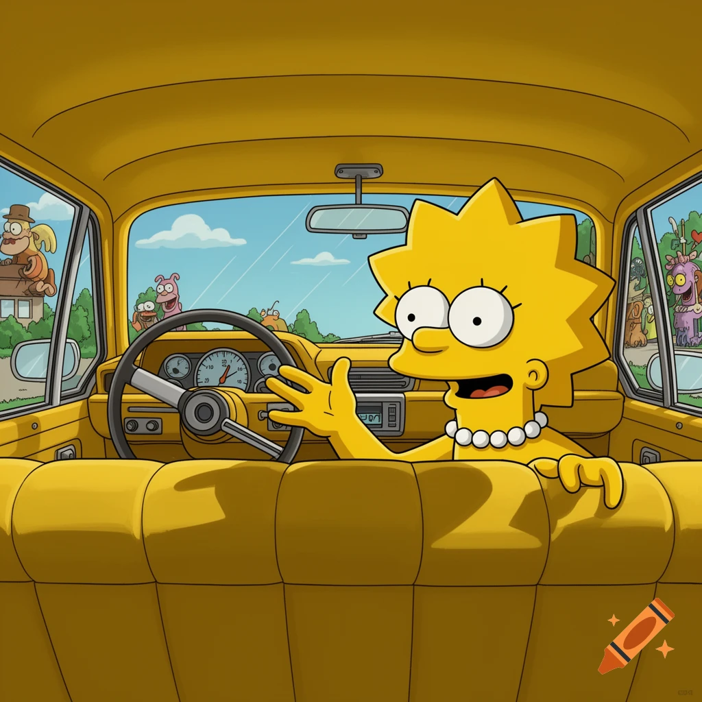 Lisa Simpson sitting in a yellow car, with a surprised expression, with cartoon creatures visible through the windows.
