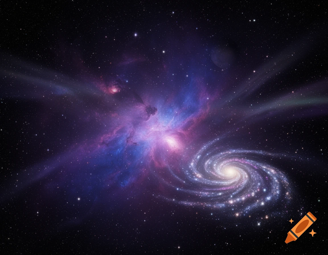 A vibrant spiral galaxy with a bright core and colorful nebulae against a dark, star-filled cosmic background.