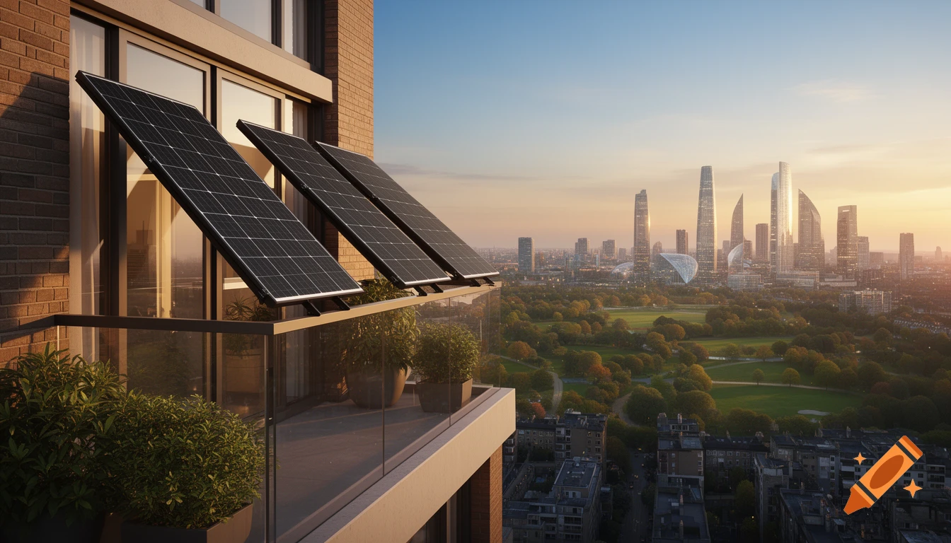 Photorealistic image of solar panels on a modern apartment balcony overlooking a city skyline and park at sunset.
