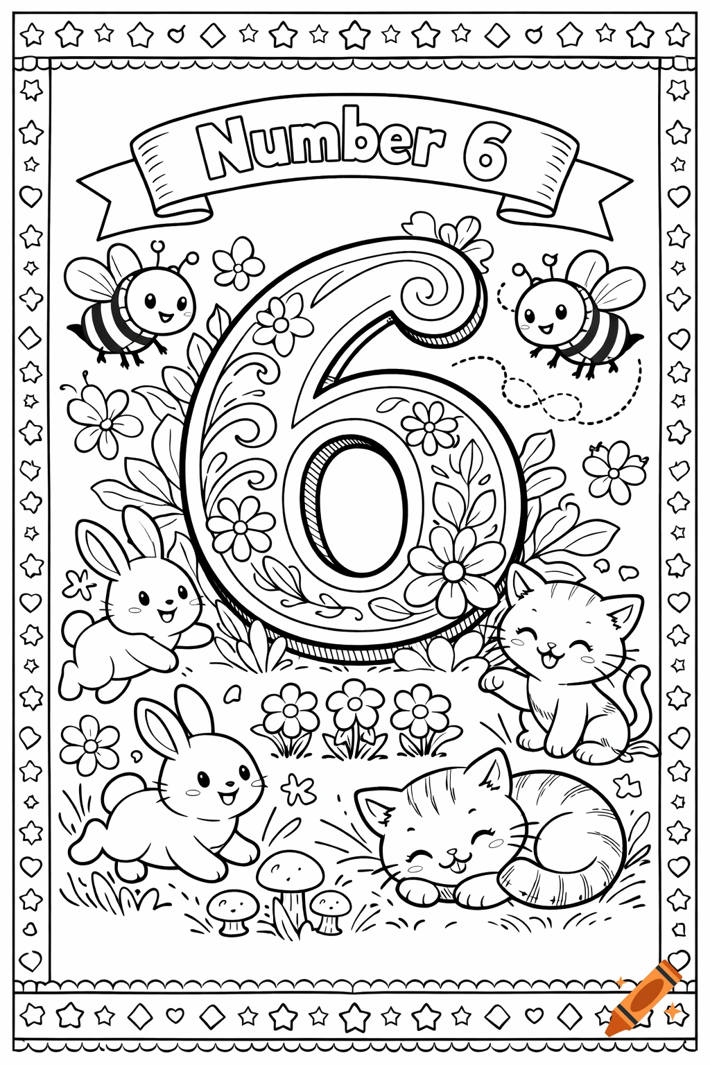 Black and white coloring page featuring a large number 6 surrounded by bunnies, cats, bees, and flowers.