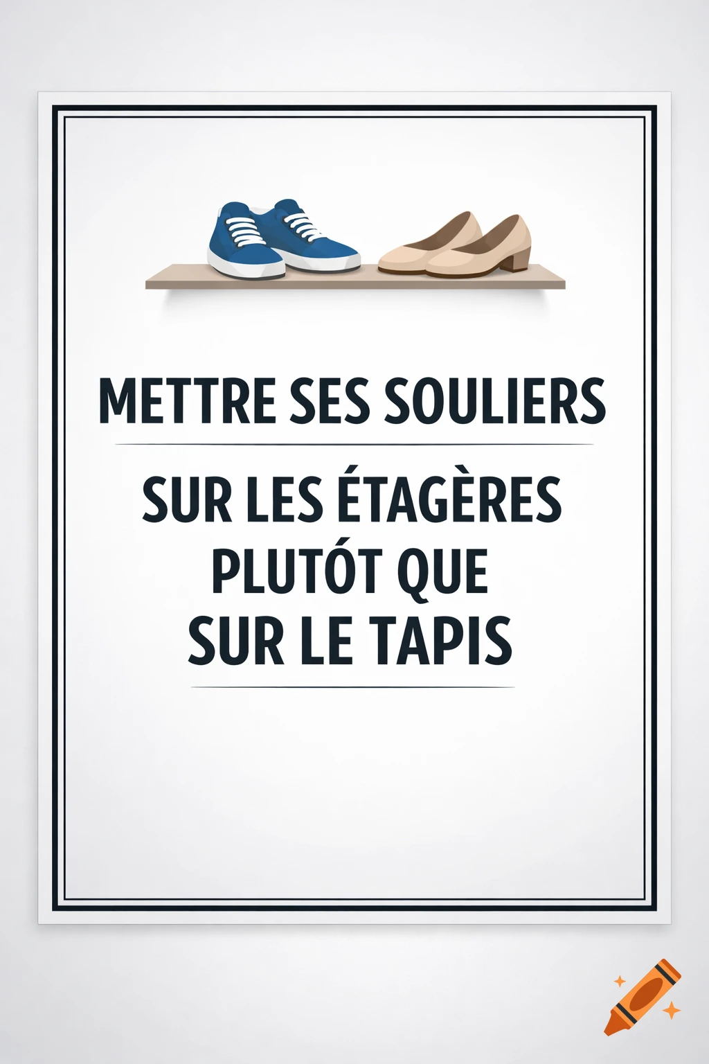 Illustration of a sign with blue sneakers and beige heels on a shelf, providing shoe organization instructions in French.