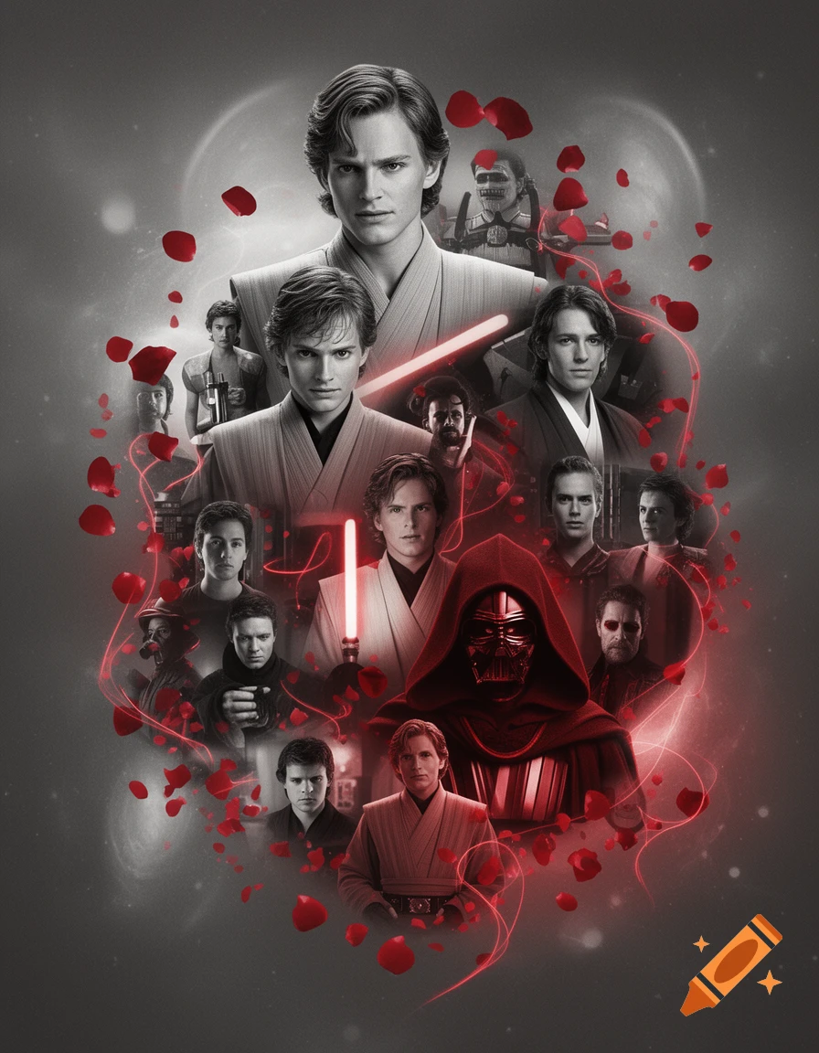 A grayscale collage depicting multiple versions of Anakin Skywalker and Darth Vader, with red glowing accents and falling rose petals.