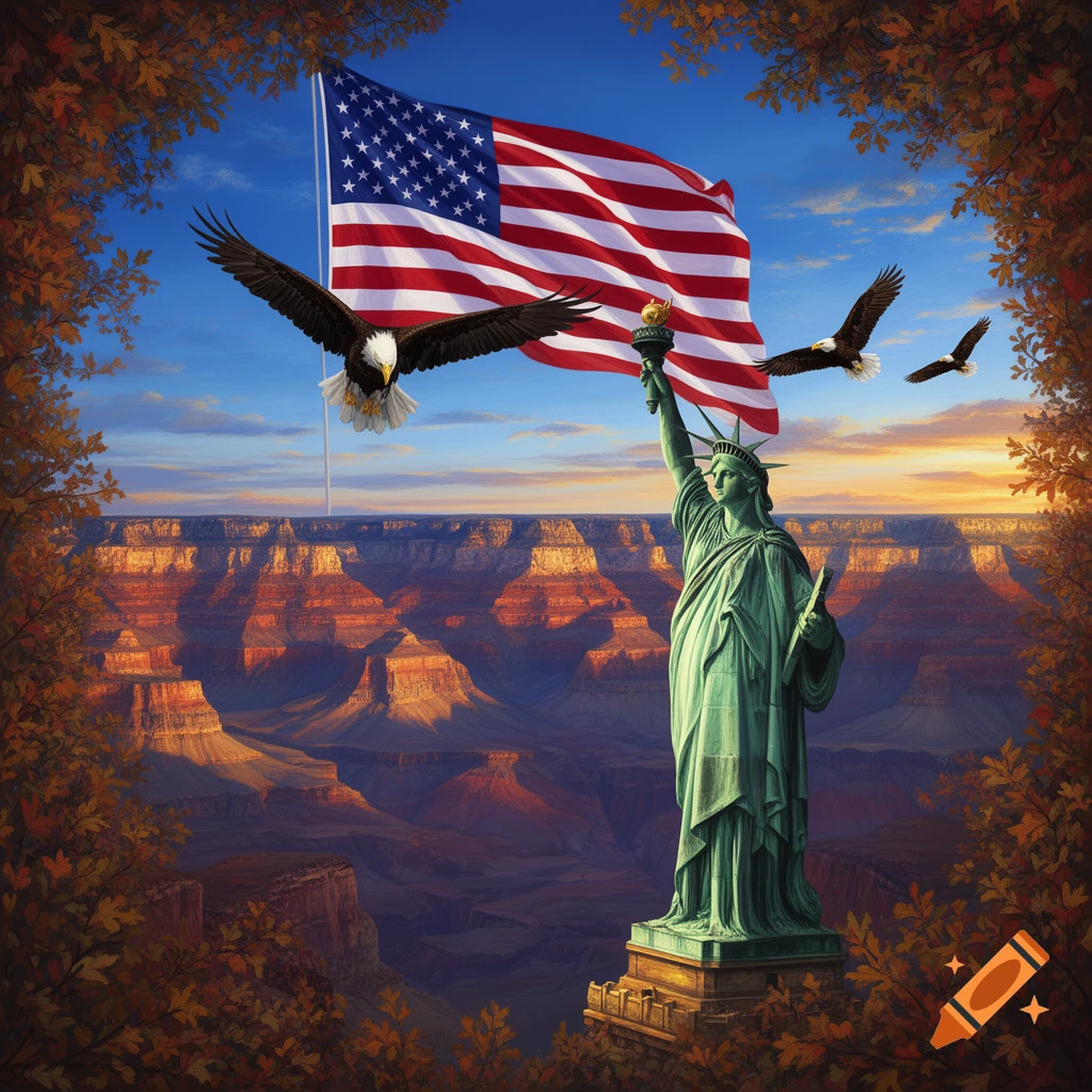 Statue of Liberty stands before the Grand Canyon, with an American flag waving and bald eagles flying under a patriotic sunset sky.
