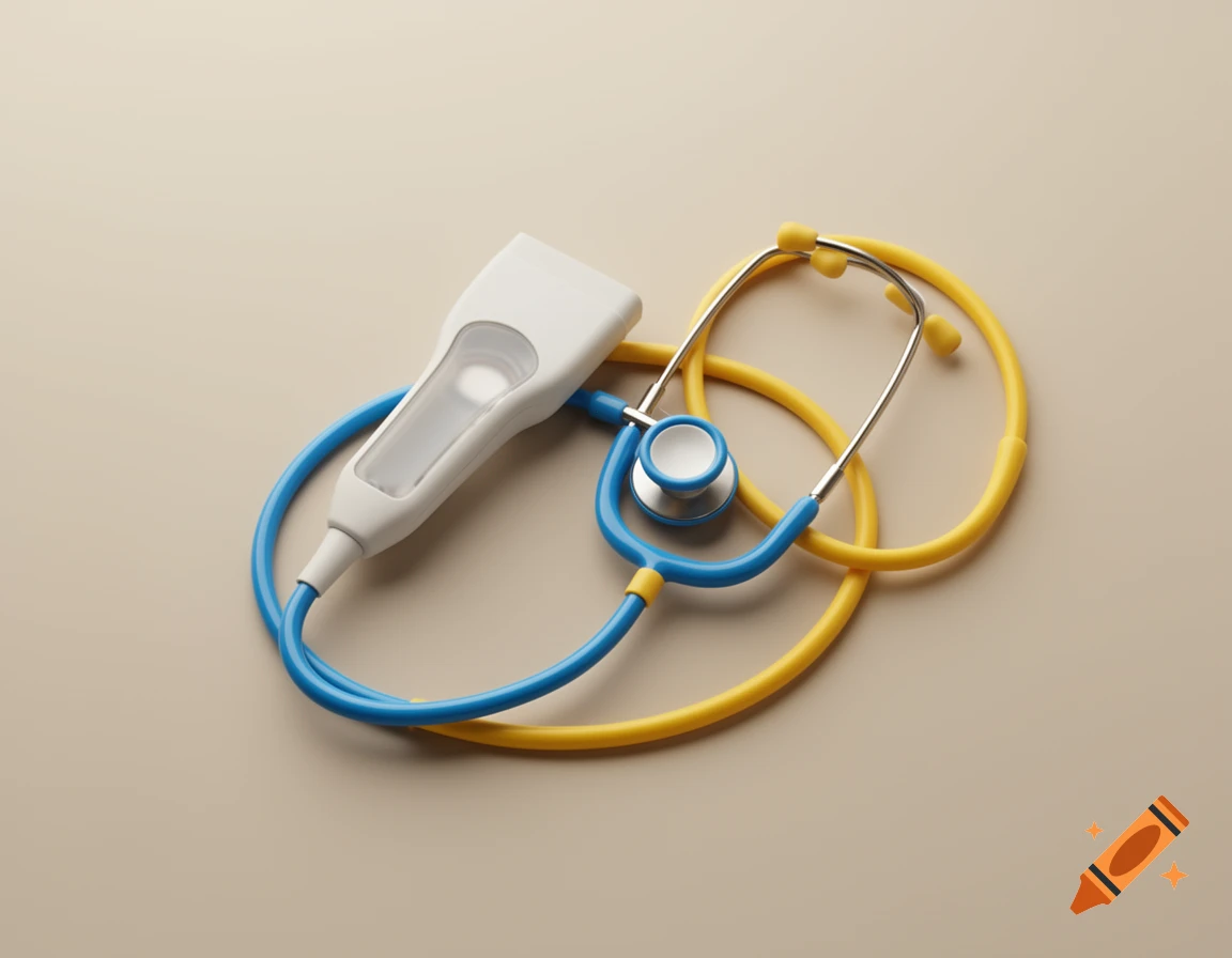 A white linear ultrasound probe rests beside a blue and yellow stethoscope on a light beige background, still life.