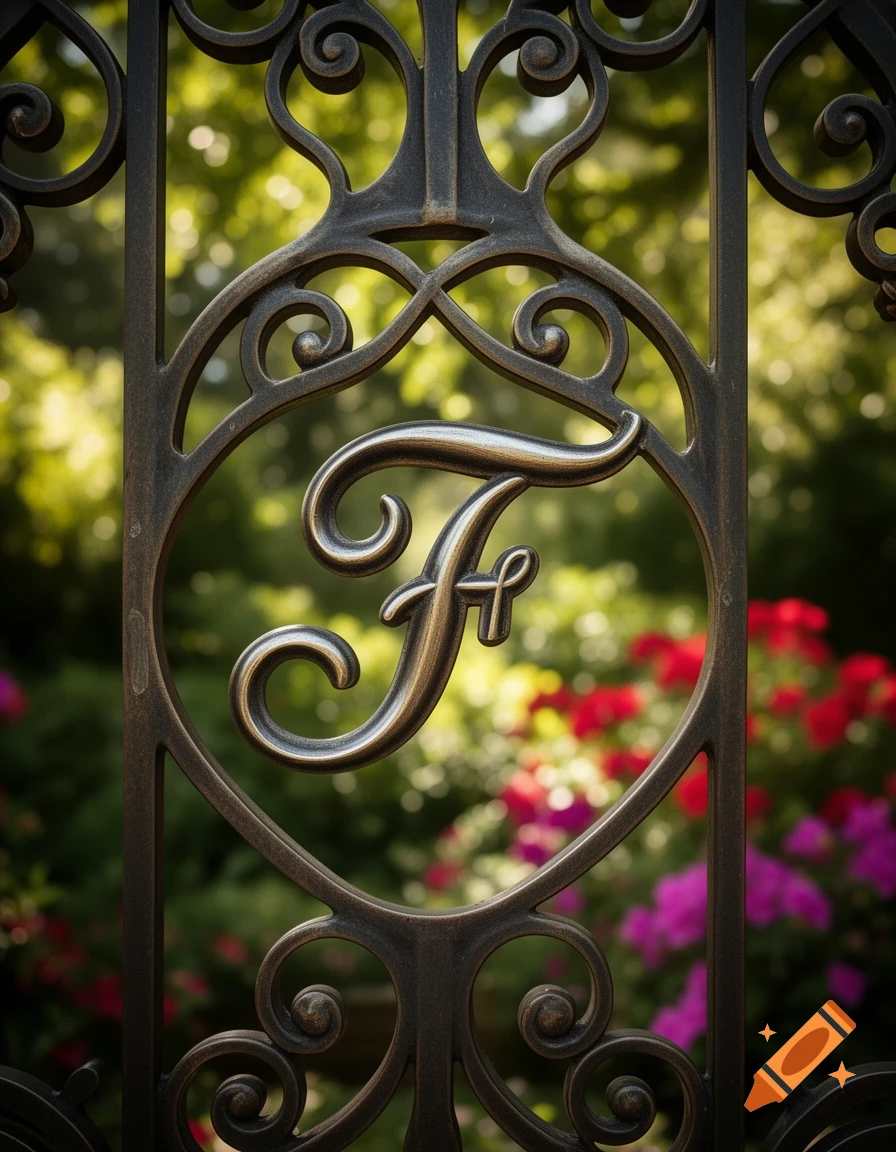 A close-up of a dark ornate metal gate with a large, stylized, metallic letter 'F' at its center, against a blurred green and floral background.