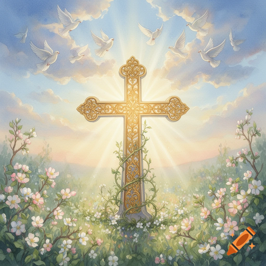 A radiant golden ornate cross stands in a flowering meadow with doves flying in a bright, cloudy sky, in a serene watercolor style.