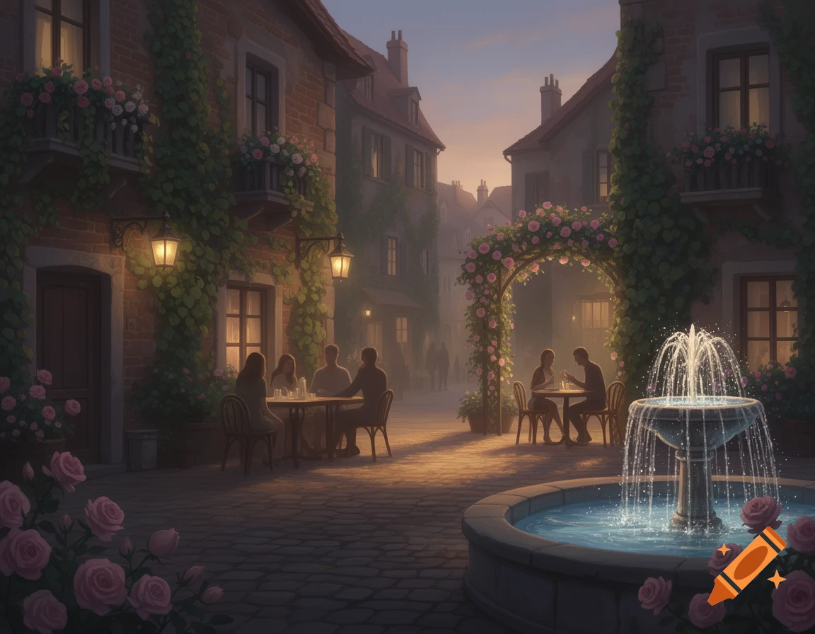 A romantic evening street scene with people dining outdoors, a glowing fountain, and flower-covered buildings under a twilight sky.