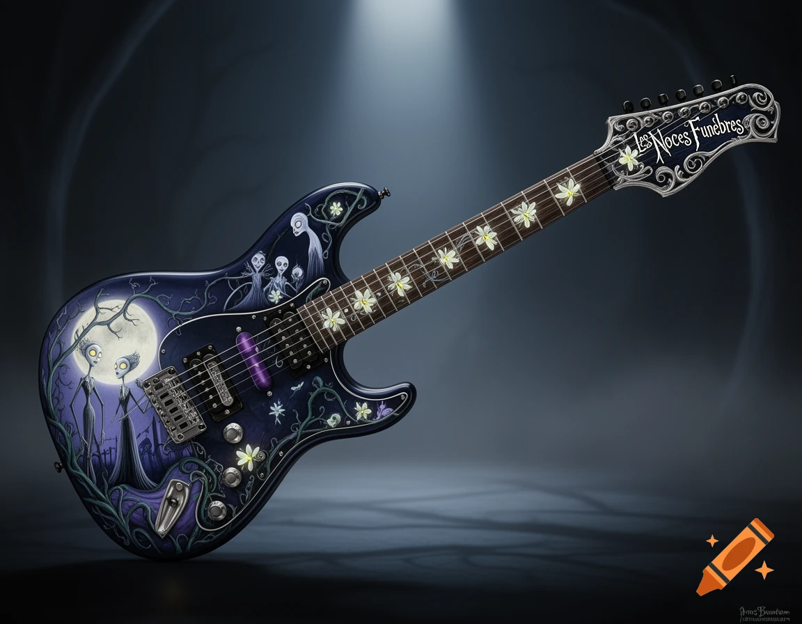 A custom electric guitar with a dark blue and purple Tim Burton's Corpse Bride theme, featuring skeletal figures and a full moon.