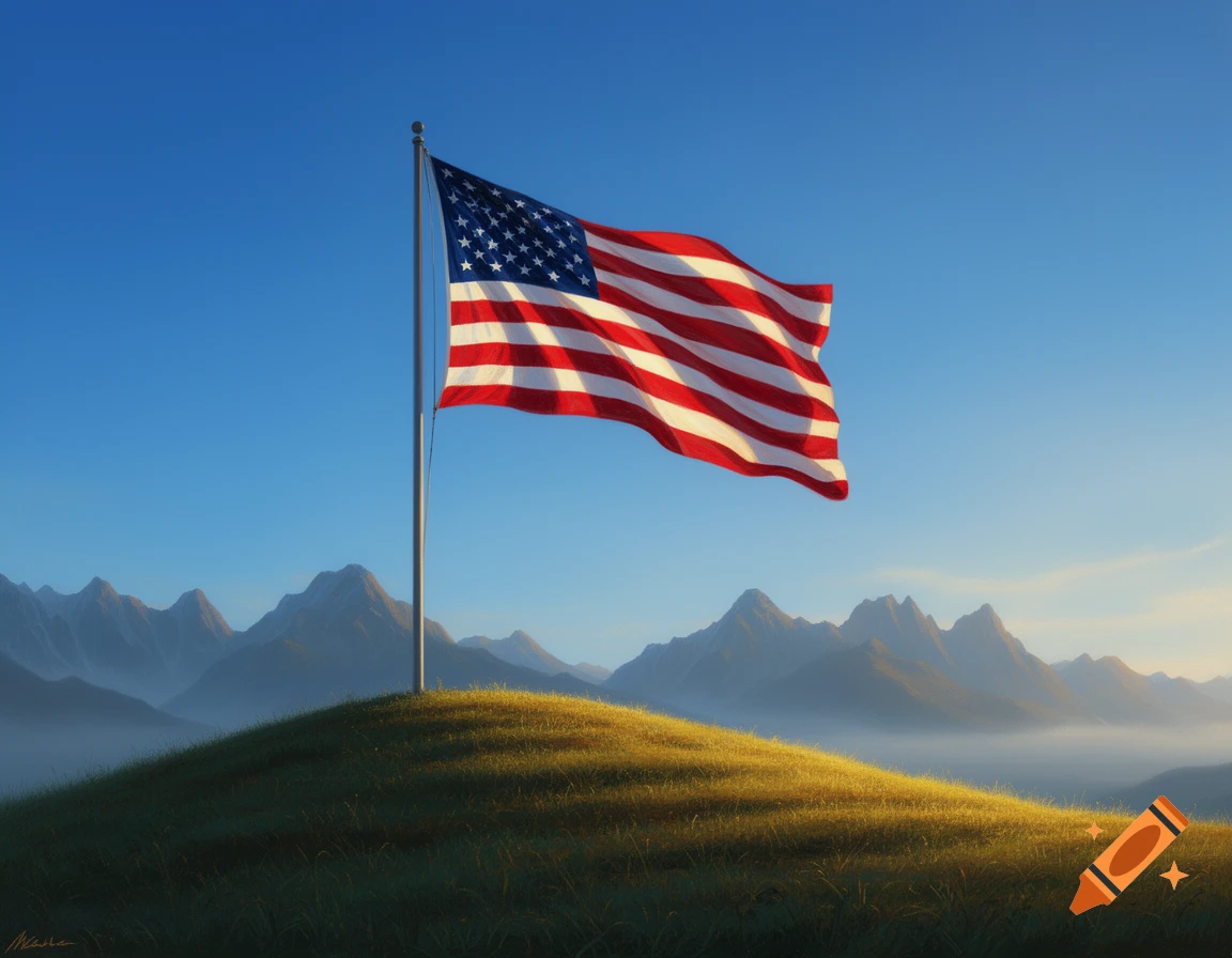 An American flag waves from a flagpole on a sunny, grassy hill with misty mountains in the background under a clear blue sky.