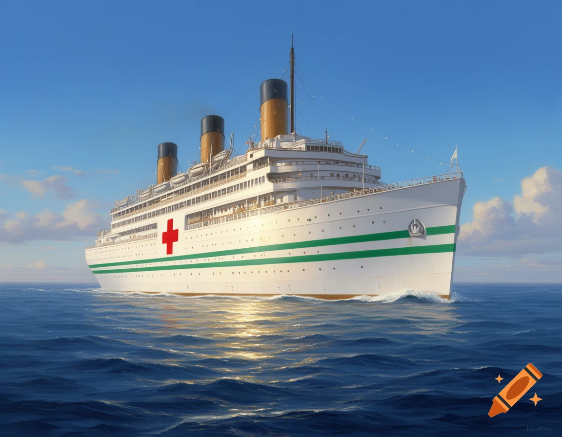 A large white and green hospital ship with three funnels and a red cross symbol on its side sails on a calm blue ocean under a clear sky.