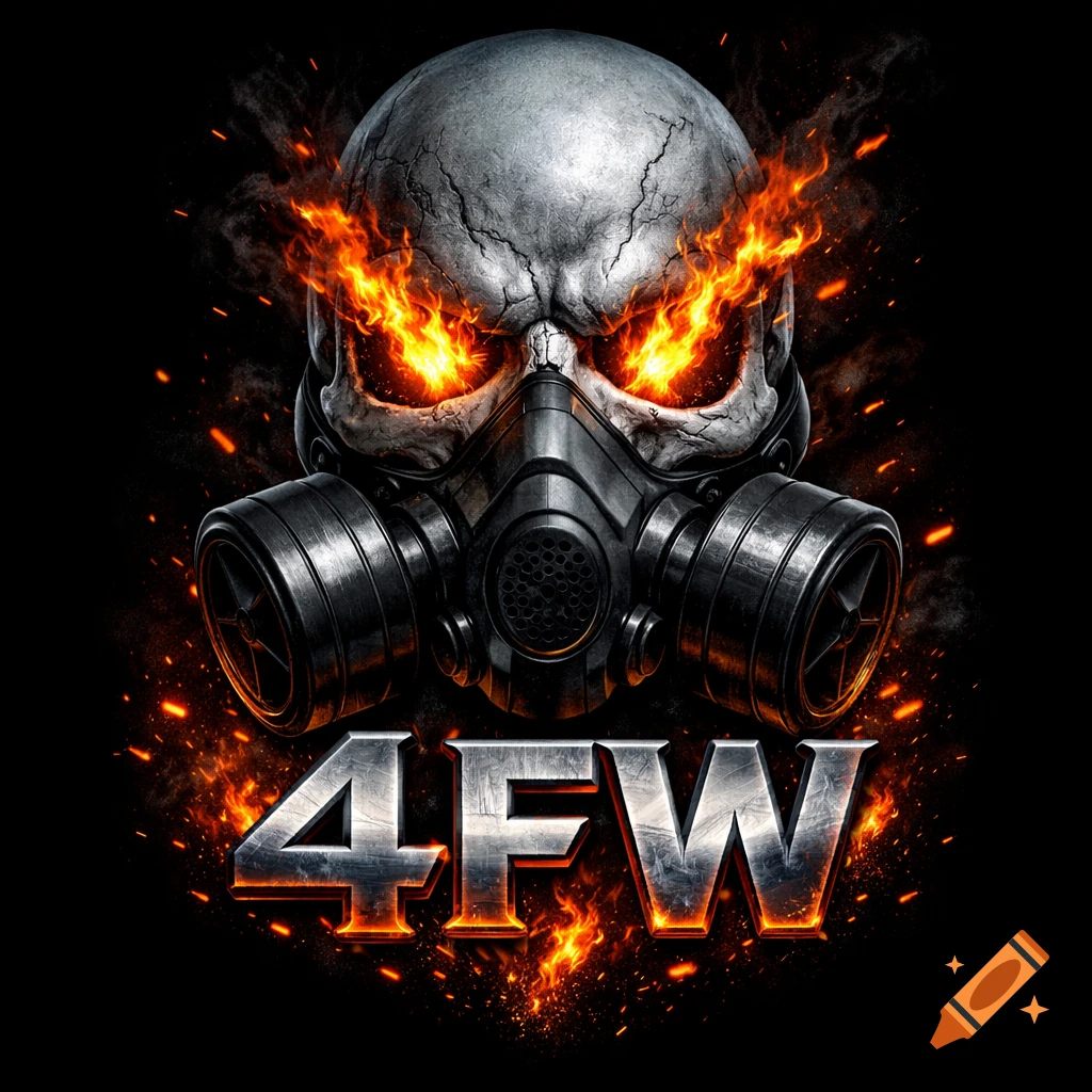 A detailed metallic skull wearing a gas mask with fiery eyes, surrounded by embers. Below, the text '4FW' glows with fire.