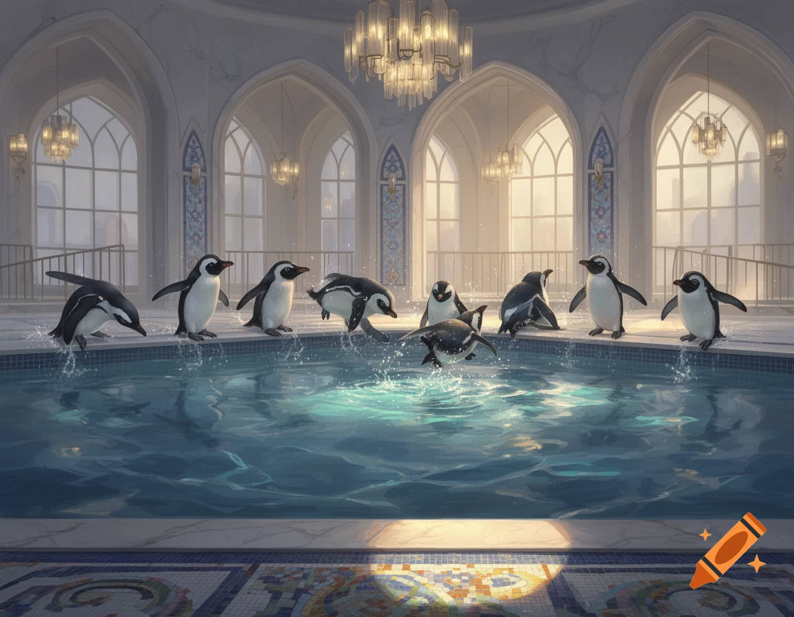 Several penguins play and splash in a luxurious indoor swimming pool with ornate arches and grand chandeliers, photorealistic style.