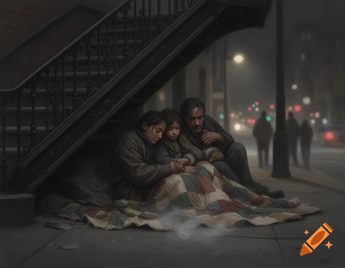 A man, woman, and child, huddled together under a dark urban staircase at night, covered by a colorful quilt.