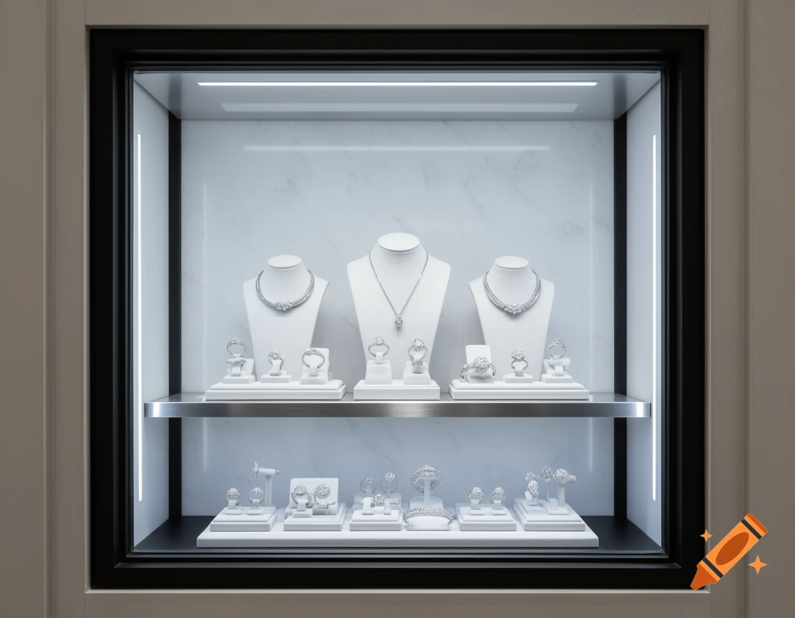 Jewelry Window Design A minimalist, luxurious silver jewelry display window with white LED ...
