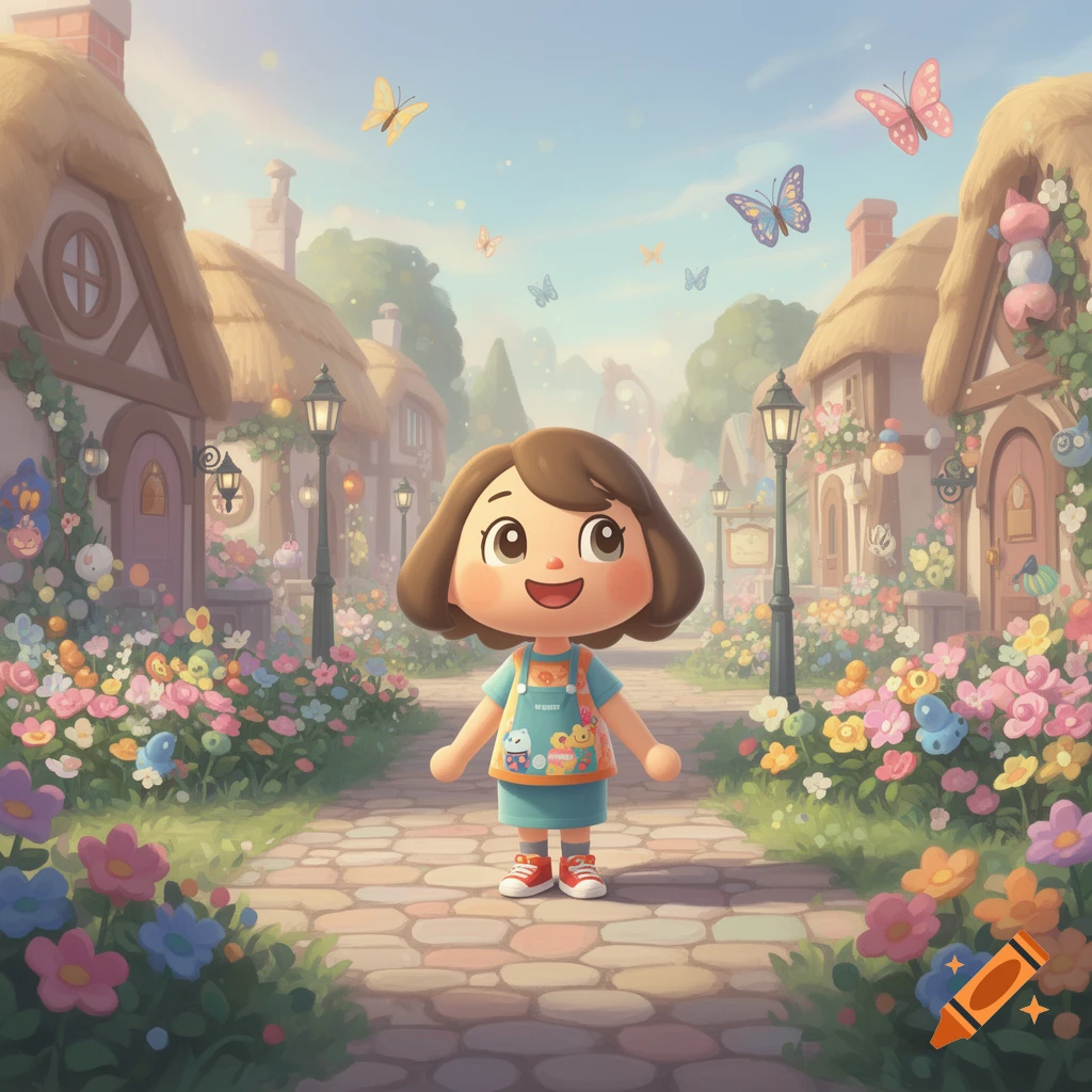 A cheerful Animal Crossing style character stands on a cobblestone path in a colorful, flowery village with thatched-roof houses and butterflies.