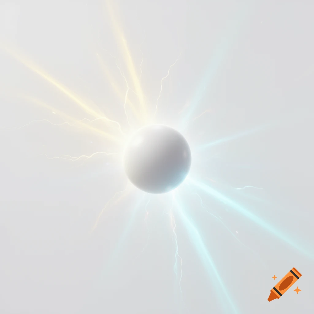 A white sphere emits yellow lightning and soft blue energy beams on a light background.