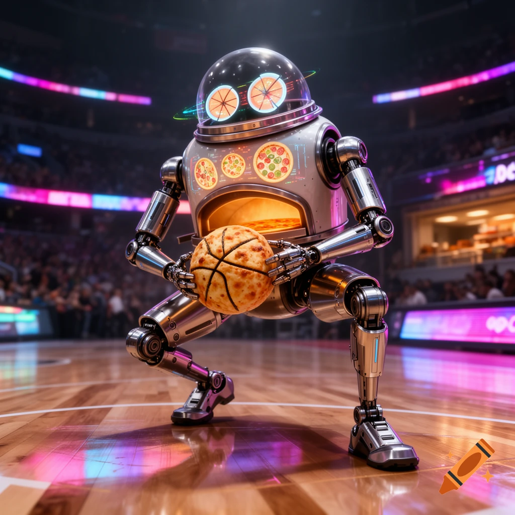 A detailed, futuristic robot, with a pizza oven in its chest and pizza slice eyes, holds a pizza-themed basketball on a glowing court.